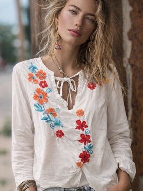 EUC Johnny Was Santorini Floral Embroidered Peasant Tunic Top  Boho White Sz L